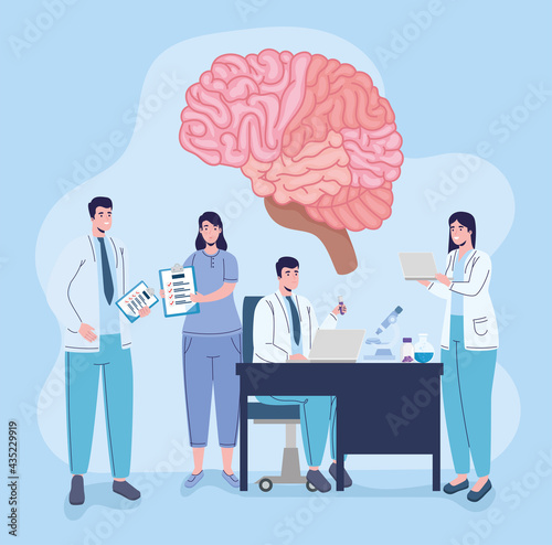 women and men doctors with brain