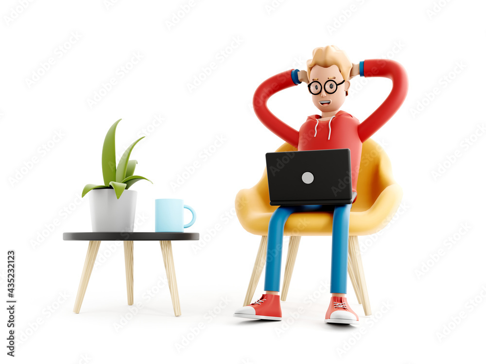 Cartoon character sits at the table with a laptop. concept of distance work, study and communication. Coder, designer or office worker, 3d illustration.