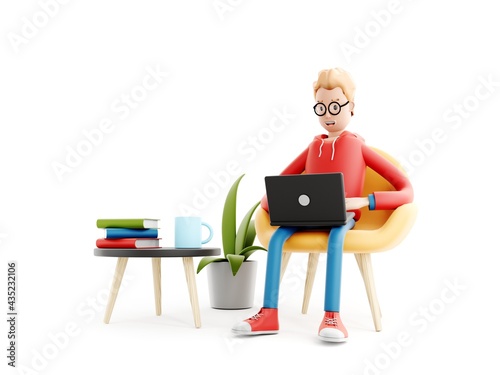 Fotografie Cartoon character sits at the table with a laptop