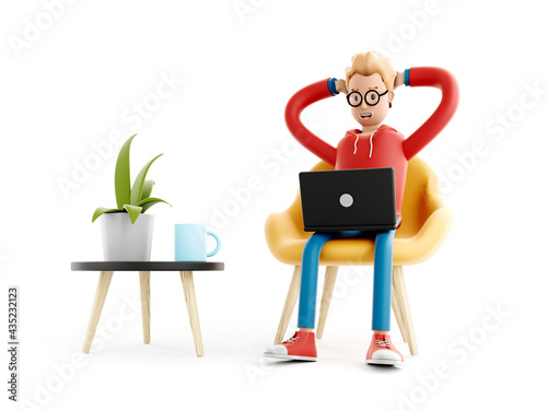 Cartoon character sits at the table with a laptop. concept of distance work, study and communication. Coder, designer or office worker, 3d illustration. photo