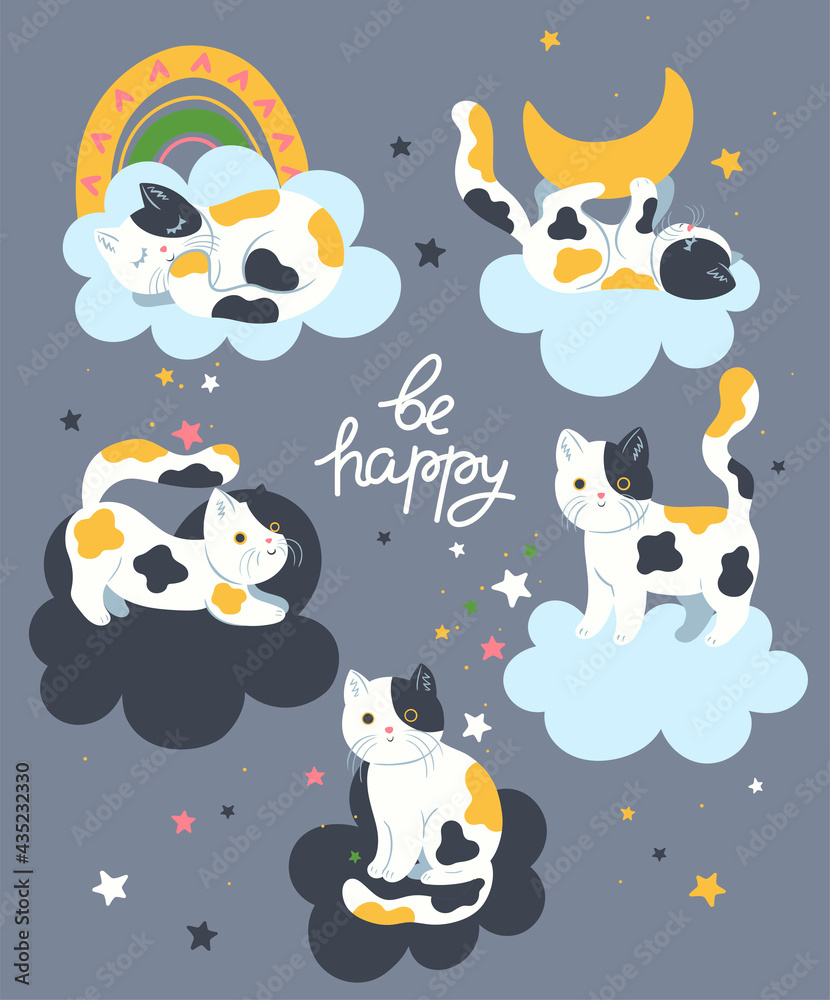 Poster with cute cats and clouds. Vector graphics.
