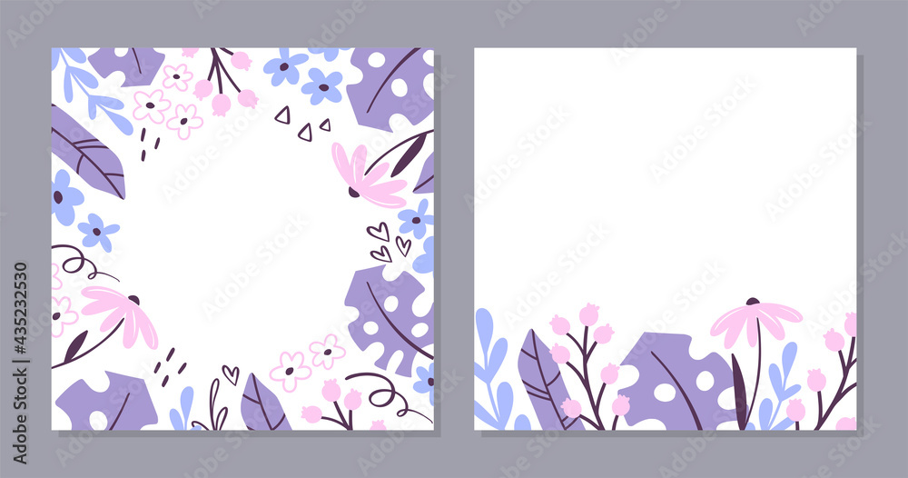 Floral card template. Set of simple hand-drawn postcards with flowers and foliage in pastel colors. Vector cartoon illustration Floral card template. Set of simple hand-drawn postcards with flowers and foliage in pastel colors. Vector cartoon illustration