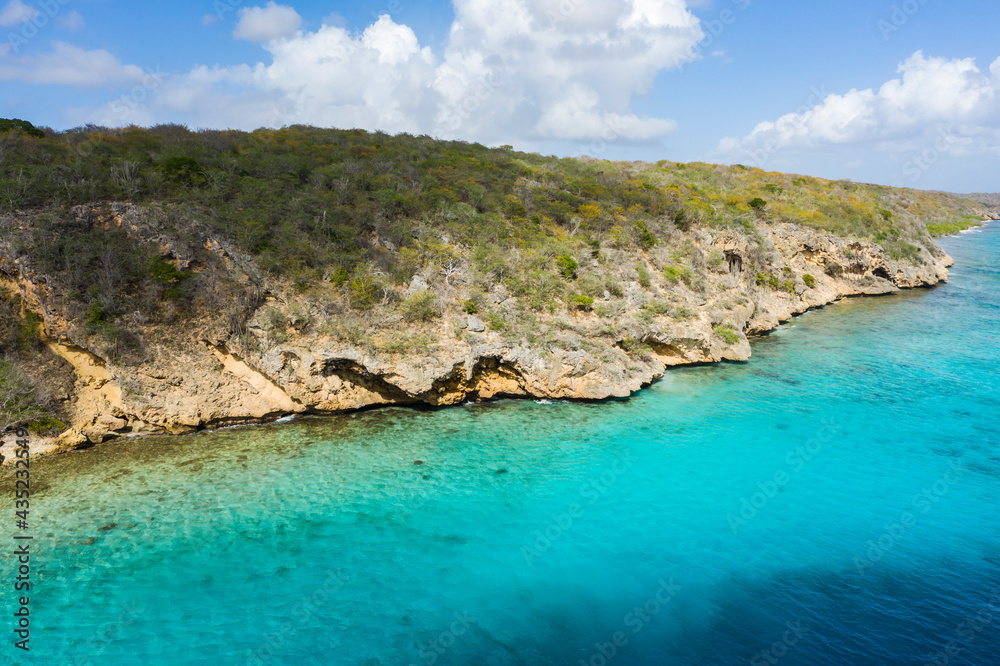 Aerial view above scenery of Curacao, Caribbean with ocean, coast and beach Aerial view above scenery of Curacao, Caribbean with ocean, coast and beach