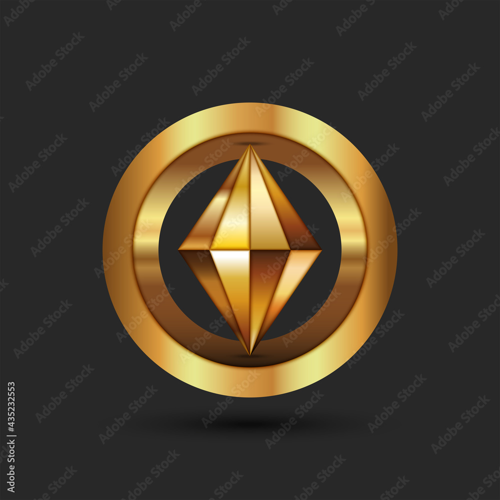 Cryptocurrency logo gold 3d geometric shape from a ring and a pointed rhombus figure inside, creative emblem blockchain technology. Cryptocurrency logo gold 3d geometric shape from a ring and a pointed rhombus figure inside, creative emblem blockchain technology.