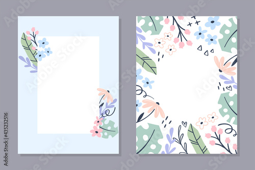 Floral card template. Set of simple hand-drawn postcards with flowers and foliage in pastel colors. Vector cartoon illustration