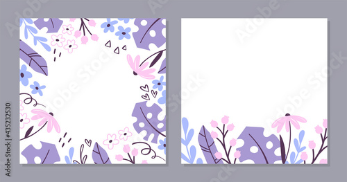 Floral card template. Set of simple hand-drawn postcards with flowers and foliage in pastel colors. Vector cartoon illustration