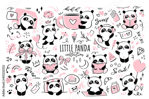 Little panda - big clipart collection. Set of illustrations with cute panda character doing various activities - hugging cup of coffee, sleeping, doing yoga, flying on balloon, eating watermelon.