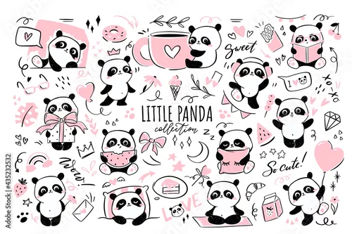 Fototapeta samoprzylepna Little panda - big clipart collection. Set of illustrations with cute panda character doing various activities - hugging cup of coffee, sleeping, doing yoga, flying on balloon, eating watermelon.