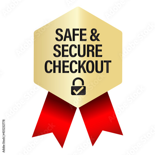 'safe and secure checkout' golden vector badge with red ribbons safe and secure online shopping abstract