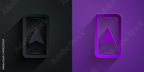 Paper cut Infographic of city map navigation icon isolated on black on purple background. Mobile App Interface concept design. Geolacation concept. Paper art style. Vector