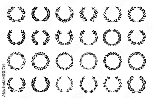 Laurel wreath. Olive or wheat branch emblems, winner award leaf logo, circle leave borders. Antique victory or anniversary wreaths vector set. Geek branch for achievement or honor elements photo