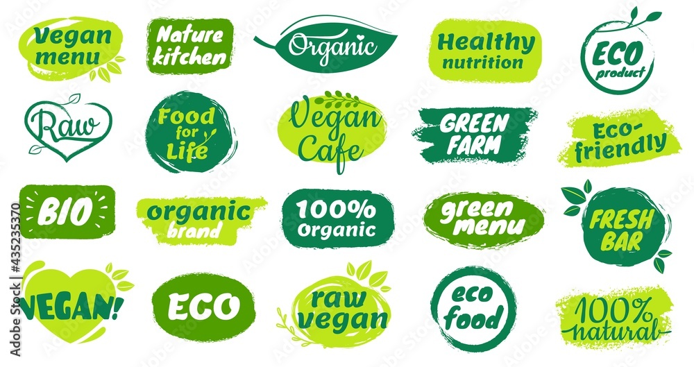 Organic food label. Natural organic product badges, raw vegan menu ...