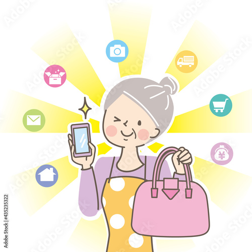 スマートフォンでオンラインショッピングをするシニア女性