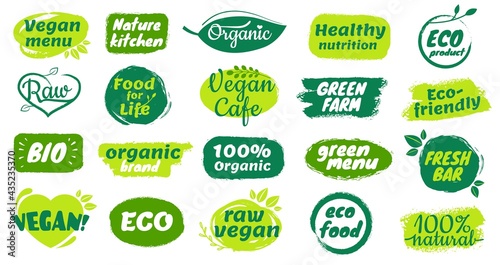 Organic food label. Natural organic product badges, raw vegan menu logos, fresh bar labels. Hand drawn healthy food stickers vector set. Organic food for life, cafe for vegetarians