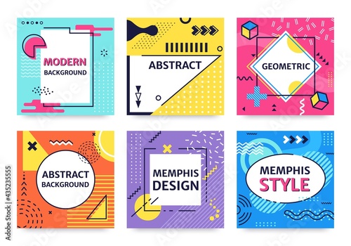 Memphis card. Funky abstract poster with geometric shapes, textures, graphic elements. Retro 90s pop art style background vector set. Dots and lines, triangles and circles decoration