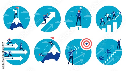 Business success. Businessman achieving goals, climbing corporate ladder. Team leader helping coworkers. Leadership, teamwork vector concept set. Woman holding cup winning in competition