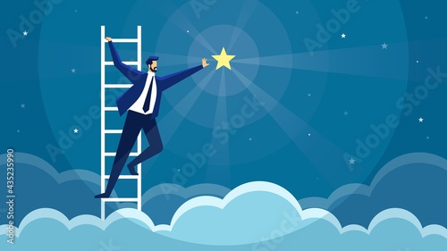Businessman reaching star. Man climbing ladder and catching star. Business opportunity, goal achievement, success, career growth vector concept. Employee progress and job development