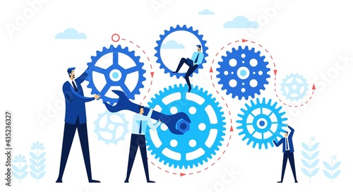 Business people with gears. Team working together turning gears. Teamwork, work organization, cooperation, business mechanism vector concept. Company employees, office workers collaboration