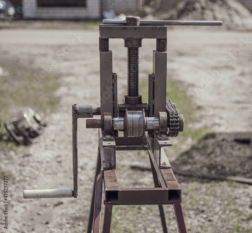 Metal vise for bending pipes.