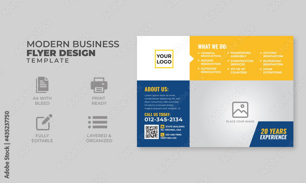 Fototapeta premium Corporate business flyer design template blue, yellow and white layout, a4 horizontal design, ready to print,, brochure, report