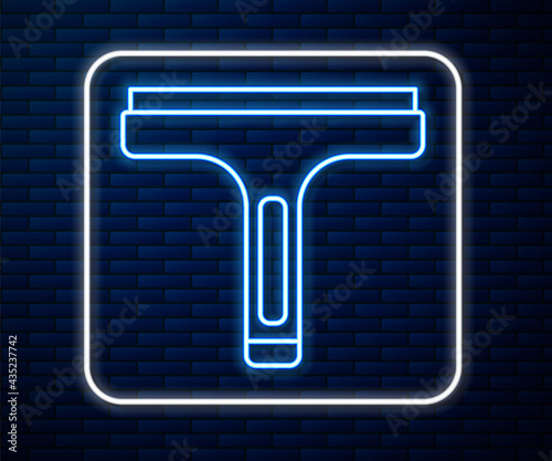 Glowing neon line Cleaning service with of rubber cleaner for windows icon isolated on brick wall background. Squeegee, scraper, wiper. Vector