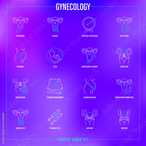 Gynecology thin line icons set. Ultrasound, check up, artificial fertilization, pregnancy, fetus, gynecological surgery, menstruation, cesarian section, intrauterine insemination. Vector illustration.