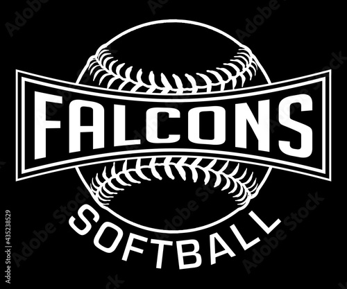 Falcons Softball Graphic-One Color-White is a one white on black sports design which includes a softball and text and is perfect for your school or team. Great for Falcons t-shirts, mugs, etc.