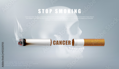 Stop smoking campaign illustration no cigarette for health cutted cigarette and scary human skull background