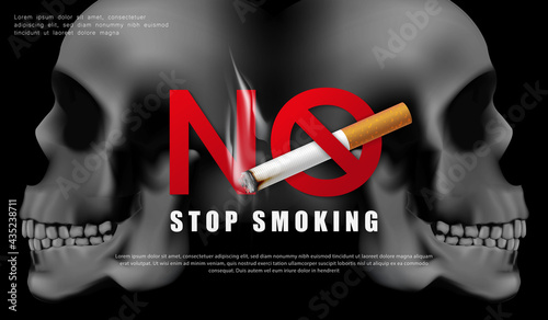 Stop smoking campaign illustration no cigarette for health two cigarettes and scary human skull in black background