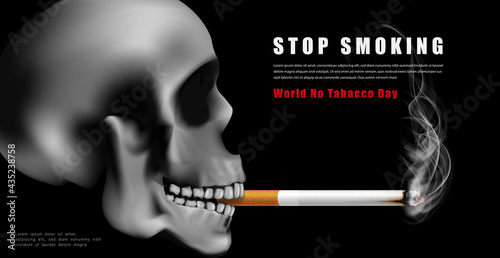 World no tabacco day campaign illustration no cigarette for health scary skull smoking in black dark background