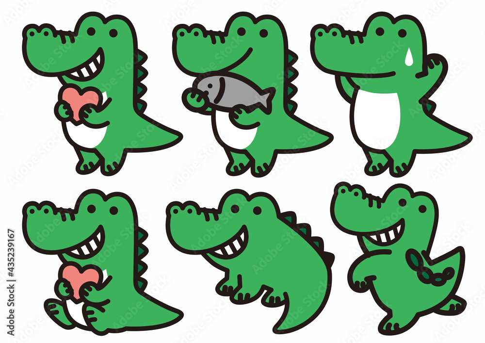 色々なポーズをしたワニのキャラクター