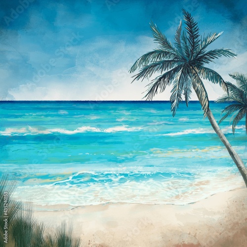 Fototapeta Naklejka Na Ścianę i Meble -  Watercolor Sea And Beach Wallpaper,Watercolor painting,Sand,Waves,White Foam,Sand
