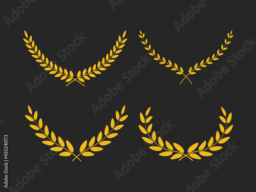 Set of wide golden laurel wreaths vectors of different shapes isolated on black background