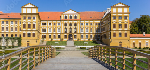 Panorama of the wooden bridge in front of the castle in Jaromerice nad Rokytnou, Czech Republic