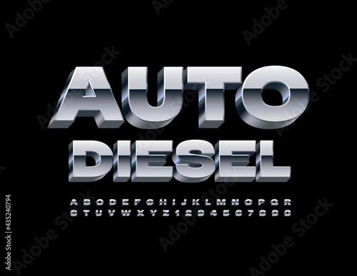 Vector chrome sign Auto Diesel. Glossy steel Font. Set of Metallic  Alphabet Letters and Numbers 