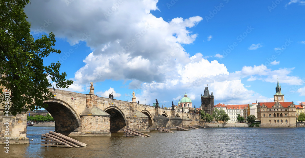 Charles Bridge (Karluv most) and River Vltava, view from the river bank Kampa, Prague, Czech Republic, boheman region