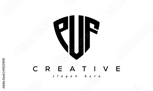 PUF letters creative logo with shield	