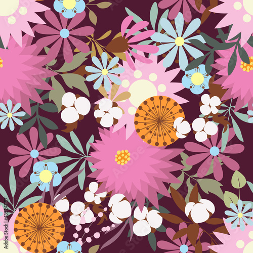 Seamless decorative flowers for printing fabric and paper. Vector illustration.
