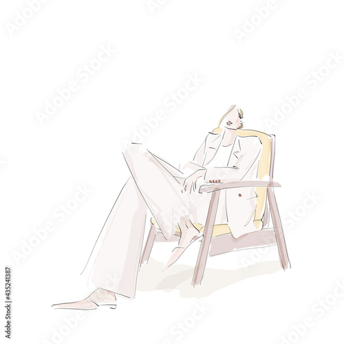 Young elegant woman sitting relaxed in chair. Fashion illustration in sketch style. Vector