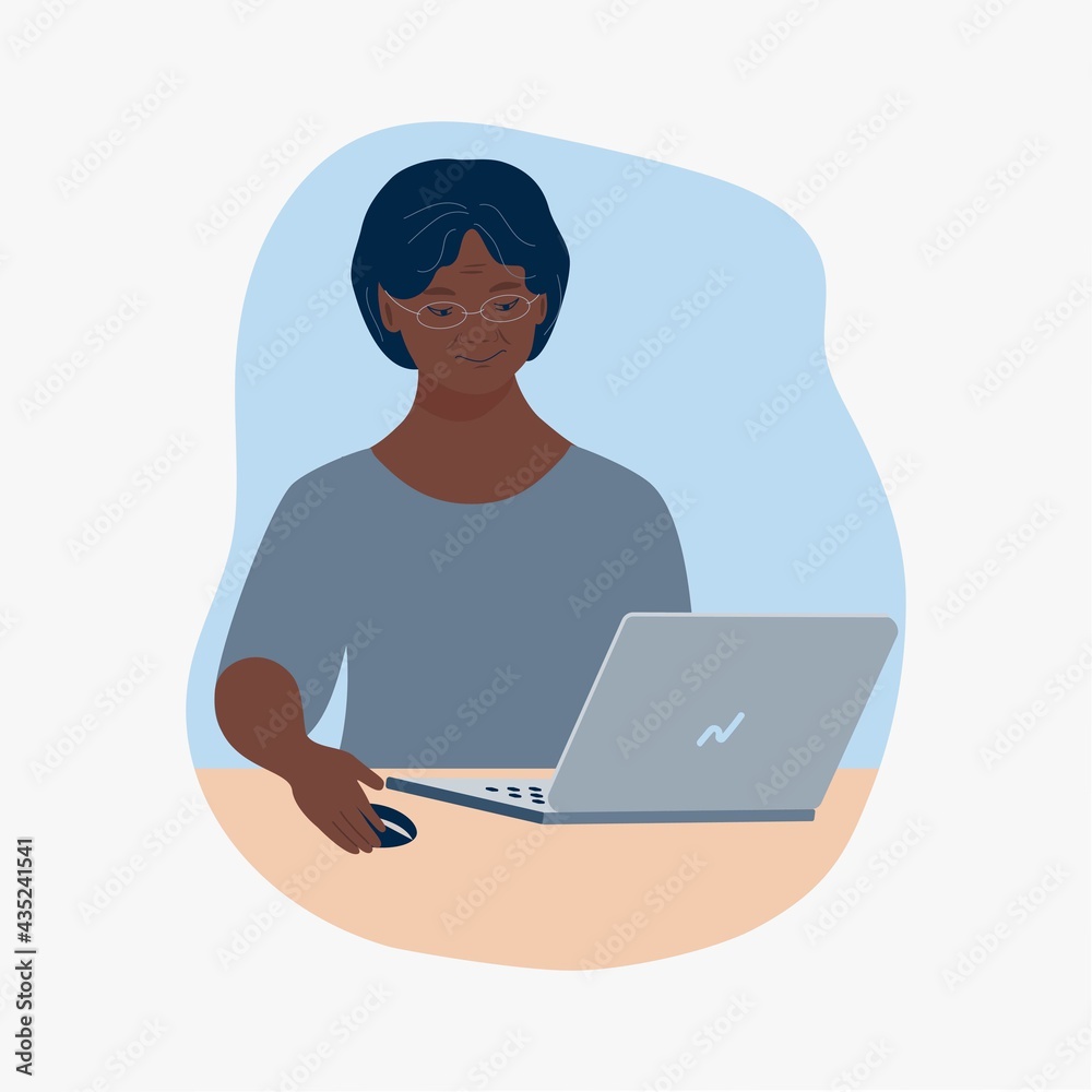 Old woman, character, pensioner, female image, face, woman with laptop, smile. Cartoon style. Concept, minimalism, vector illustration Old woman, character, pensioner, female image, face, woman with laptop, smile. Cartoon style. Concept, minimalism, vector illustration