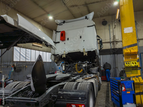 truck being repaired, on the territory of the auto repair shop