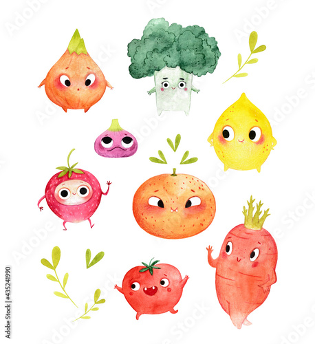 Fototapeta Naklejka Na Ścianę i Meble -  A set of cute watercolor vegetables and fruits. Cute little faces. This illustration is suitable for decorating the walls in the children's room, as well as for postcards and stickers.