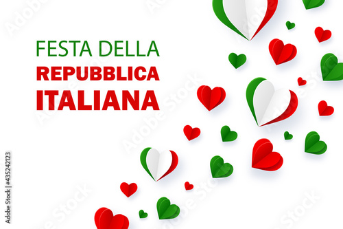 Festa della Repubblica Italiana background. Text in italian: Italian Republic Day, June 2th. Happy national holiday. Italy flag in heart shape. Patriotic design. Vector illustration