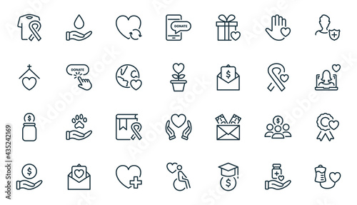 Charity and Donation Linear Icons Set. Volunteering, Charity and Helping concept. Giving help, Donating Money, Clothing, Food, Medicines and Love for People. Editable stroke. Vector illustration