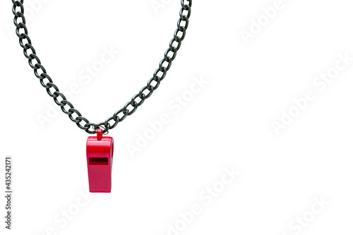 Sports whistle on a chain. Concept- sport competition, referee, statistics, challenge, friendly match. Isolated on white.