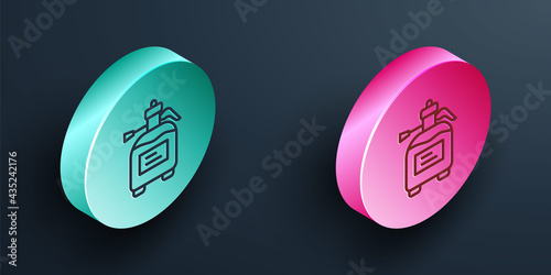 Isometric line Garden sprayer for water, fertilizer, chemicals icon isolated on black background. Turquoise and pink circle button. Vector