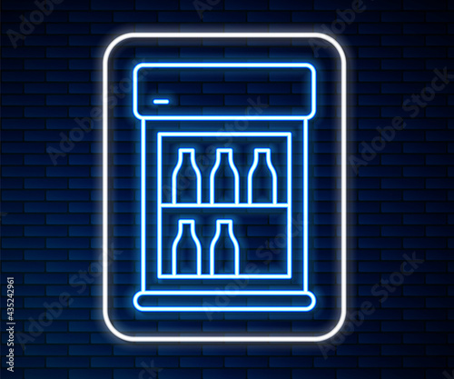 Glowing neon line Commercial refrigerator to store drinks icon isolated on brick wall background. Perishables for store or supermarket. Vector