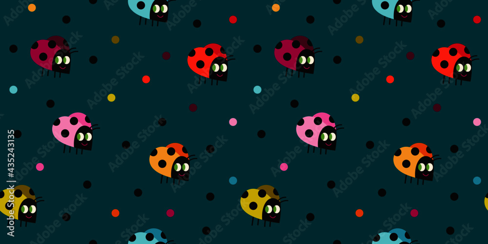Seamless vector pattern with ladybugs and dots on the green background. Fun colorful pattern for kids fabric.
