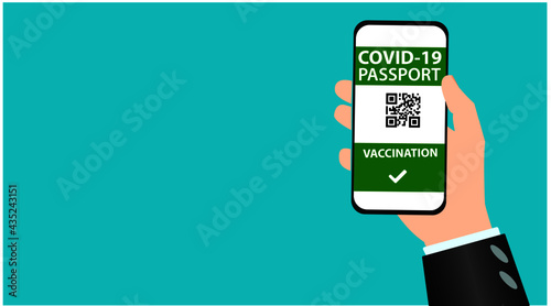 Digital health passport application on smart phone.
He shows his immunity against the vaccine on his smartphone screen. corona virus vaccination concept. Vaccine passport application for safe journeys