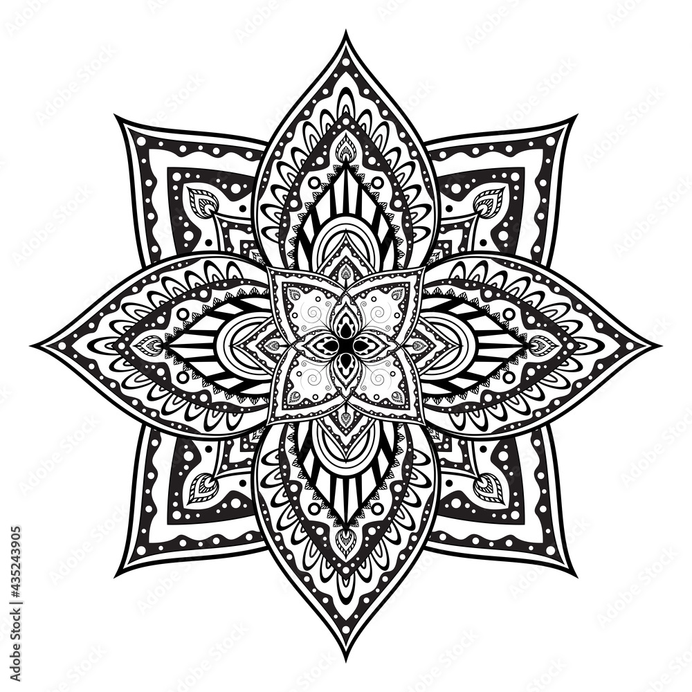 Vector black mandala flower design on white background for pattern design coloring book